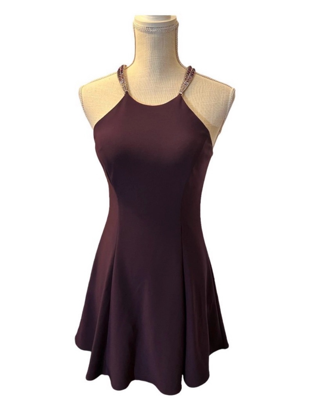 Betsy & Adam Jewel-Strap Halter Mini fit and flare Dress in Plum